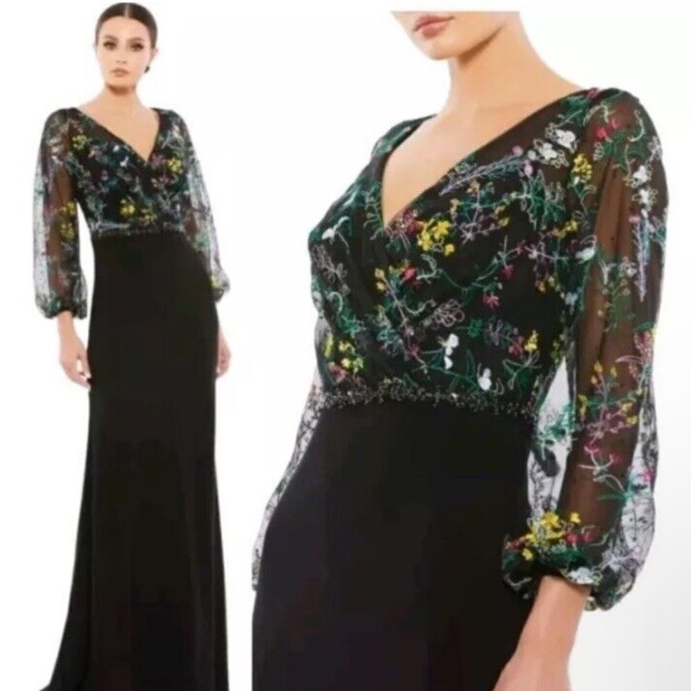 Mac Duggal 79379 Embroidered Mesh Long Sleeve Column Gown Black 14 NEW $498